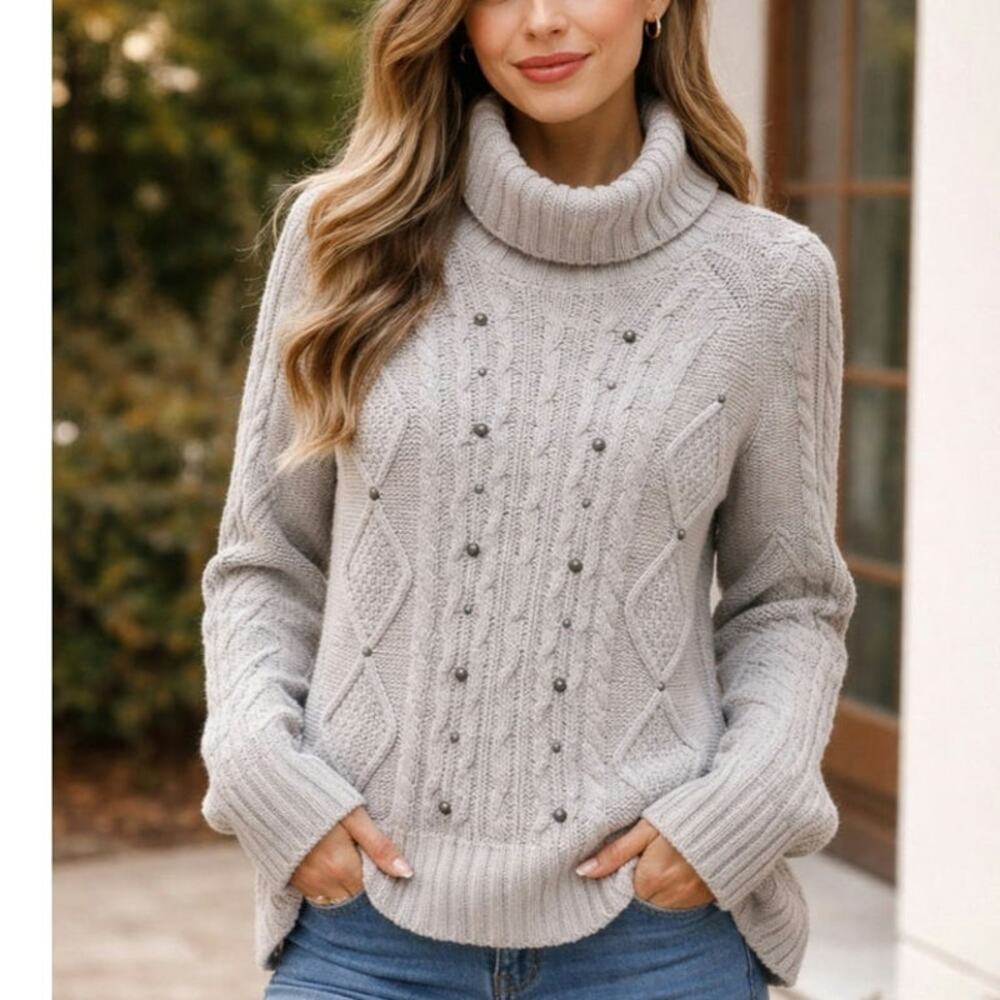 Relativity Cable Knit Sweater Women's Size LP Tan Turtleneck Metallic Studs